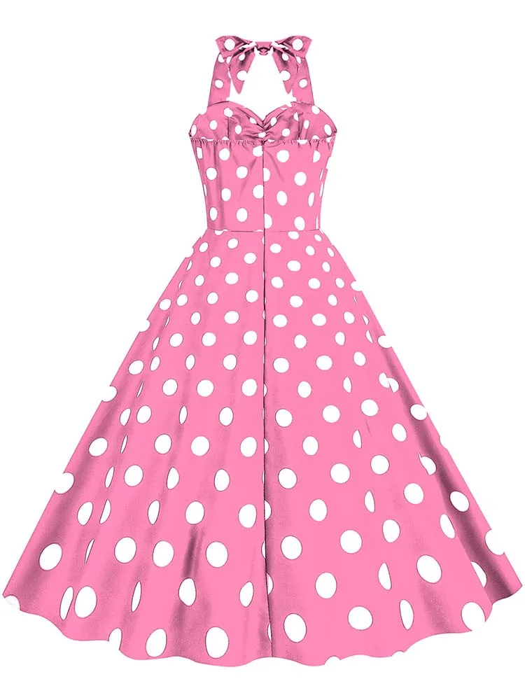 Black Polka Dot Print Vintage Dress for Women Summer Sexy Halter Elegant Party Prom Midi Sundress