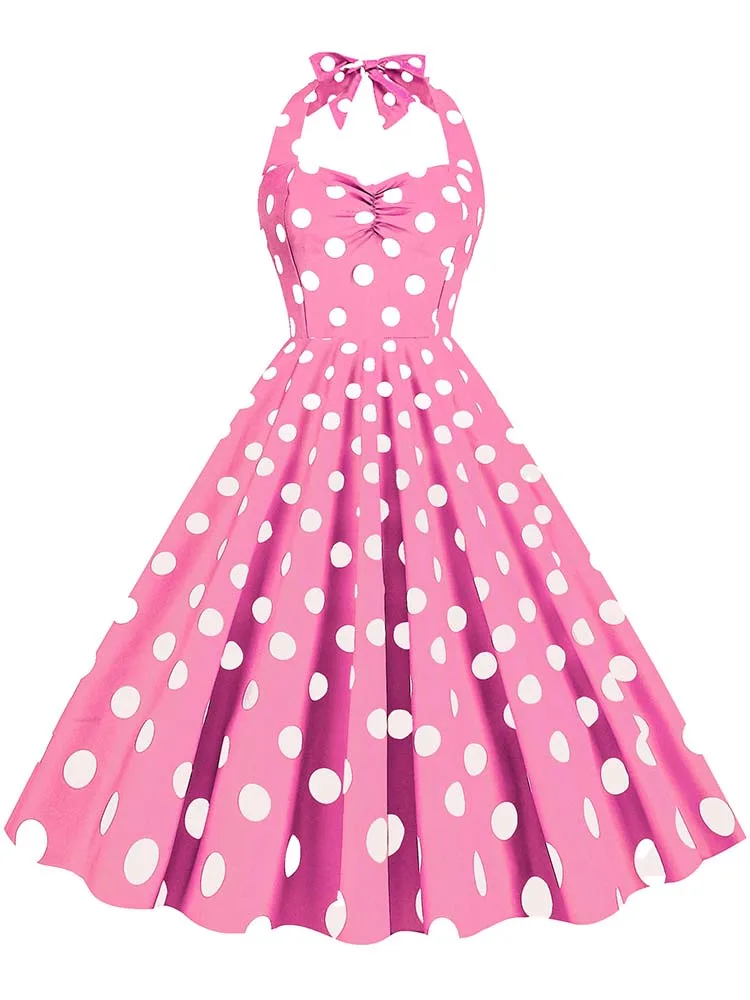 Black Polka Dot Print Vintage Dress for Women Summer Sexy Halter Elegant Party Prom Midi Sundress