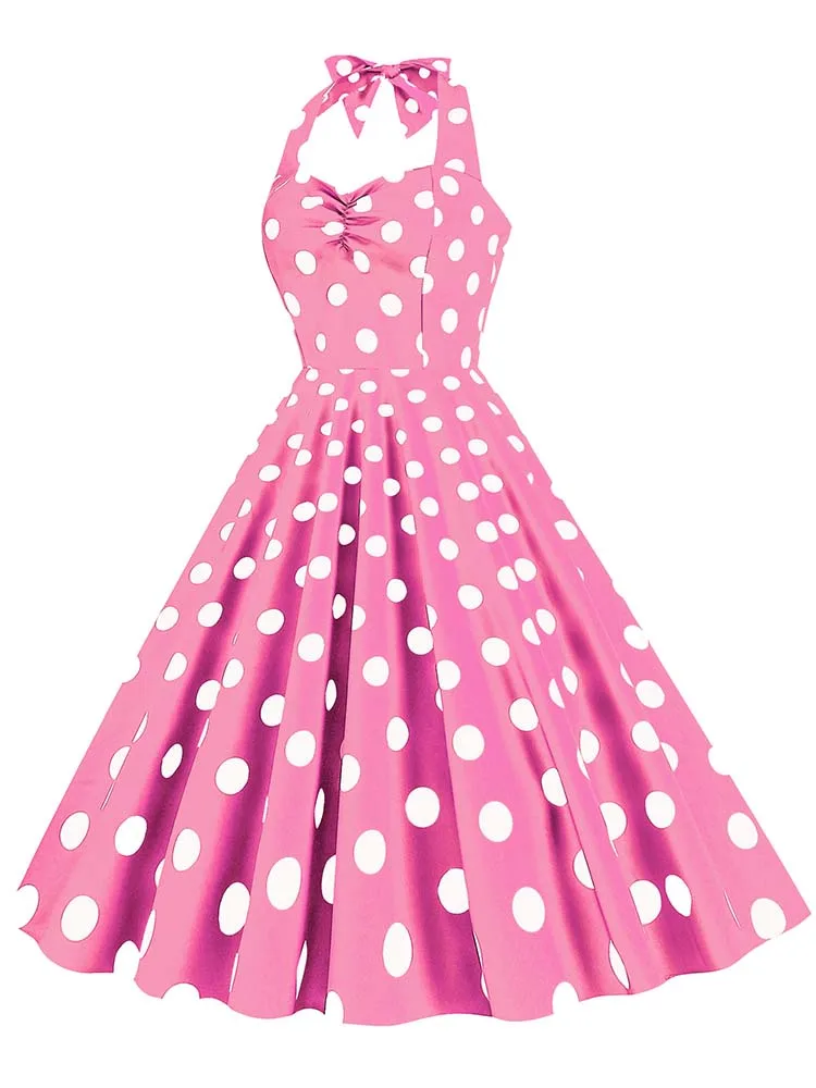 Black Polka Dot Print Vintage Dress for Women Summer Sexy Halter Elegant Party Prom Midi Sundress