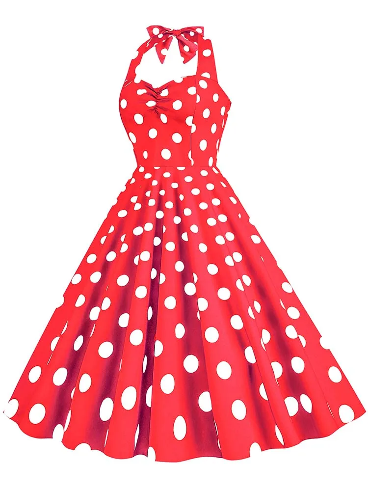 Black Polka Dot Print Vintage Dress for Women Summer Sexy Halter Elegant Party Prom Midi Sundress