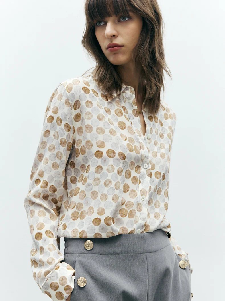 SuyaDreamm, Woman Dots Printed Shirts, 100%Silk Crepe, Turn Down Collar Blouses, 2026 Spring Summer Elegant Top