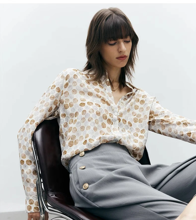 SuyaDreamm, Woman Dots Printed Shirts, 100%Silk Crepe, Turn Down Collar Blouses, 2026 Spring Summer Elegant Top