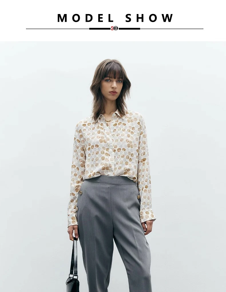 SuyaDreamm, Woman Dots Printed Shirts, 100%Silk Crepe, Turn Down Collar Blouses, 2026 Spring Summer Elegant Top