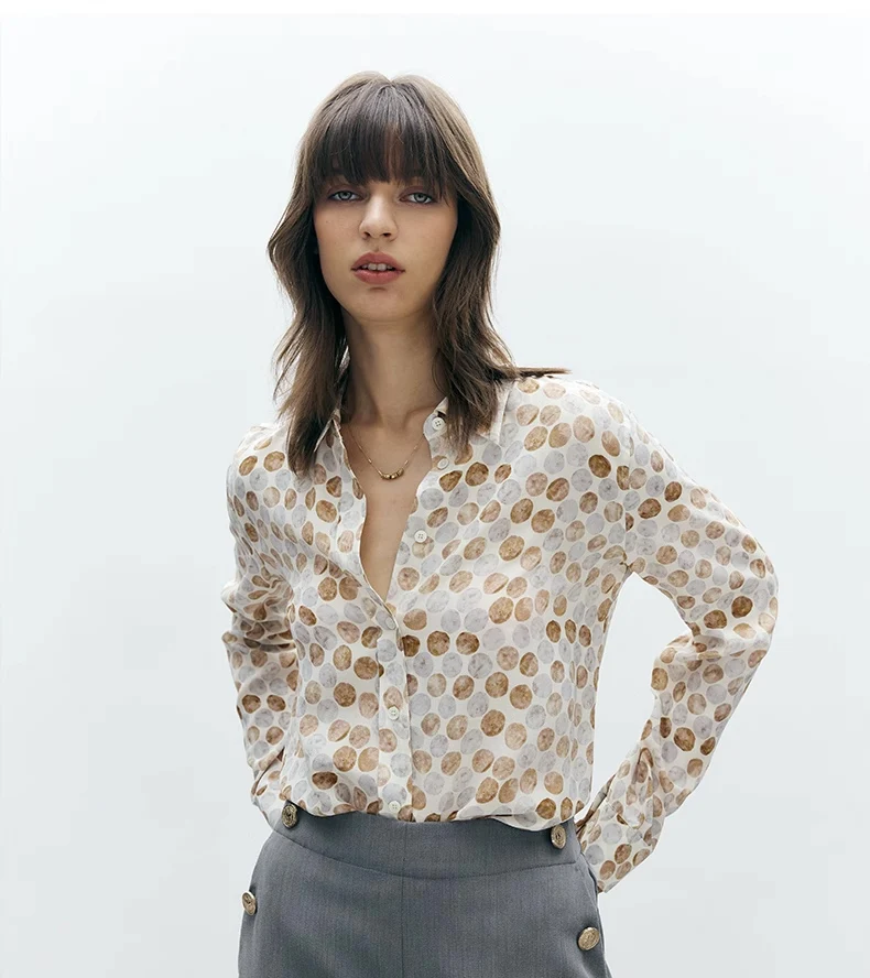 SuyaDreamm, Woman Dots Printed Shirts, 100%Silk Crepe, Turn Down Collar Blouses, 2026 Spring Summer Elegant Top