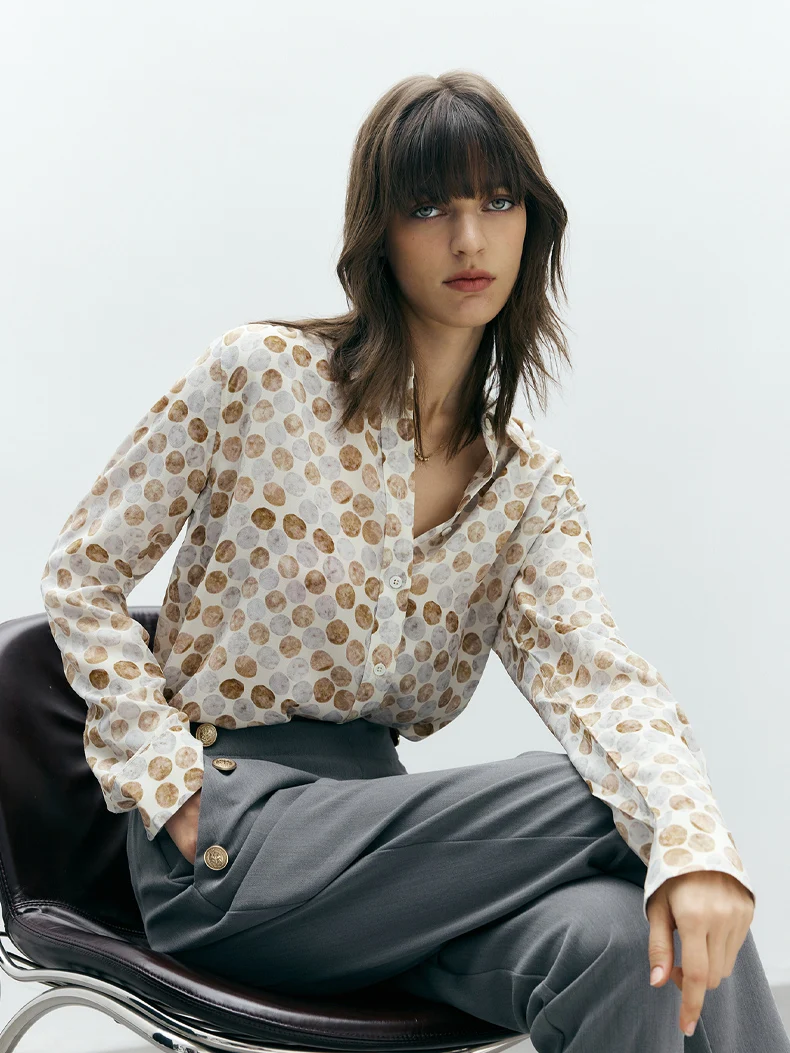 SuyaDreamm, Woman Dots Printed Shirts, 100%Silk Crepe, Turn Down Collar Blouses, 2026 Spring Summer Elegant Top