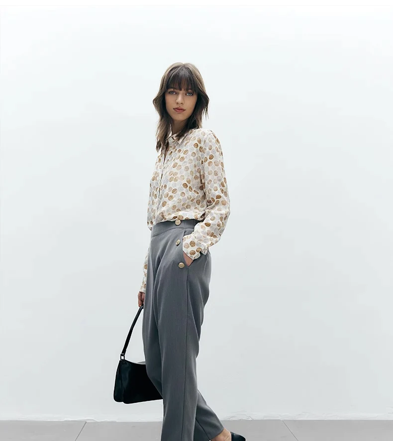 SuyaDreamm, Woman Dots Printed Shirts, 100%Silk Crepe, Turn Down Collar Blouses, 2026 Spring Summer Elegant Top