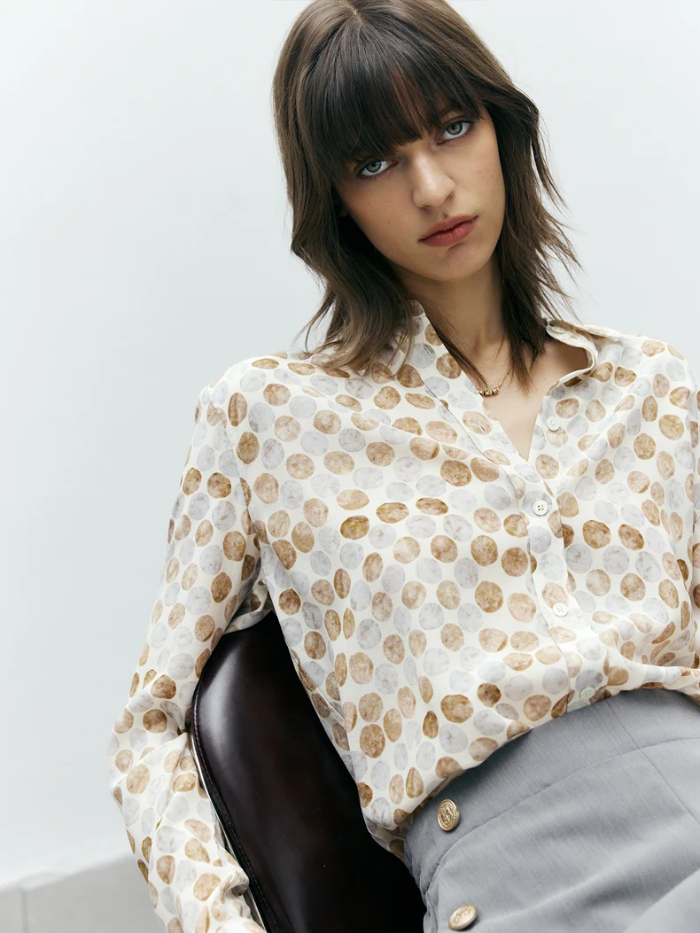 SuyaDreamm, Woman Dots Printed Shirts, 100%Silk Crepe, Turn Down Collar Blouses, 2026 Spring Summer Elegant Top