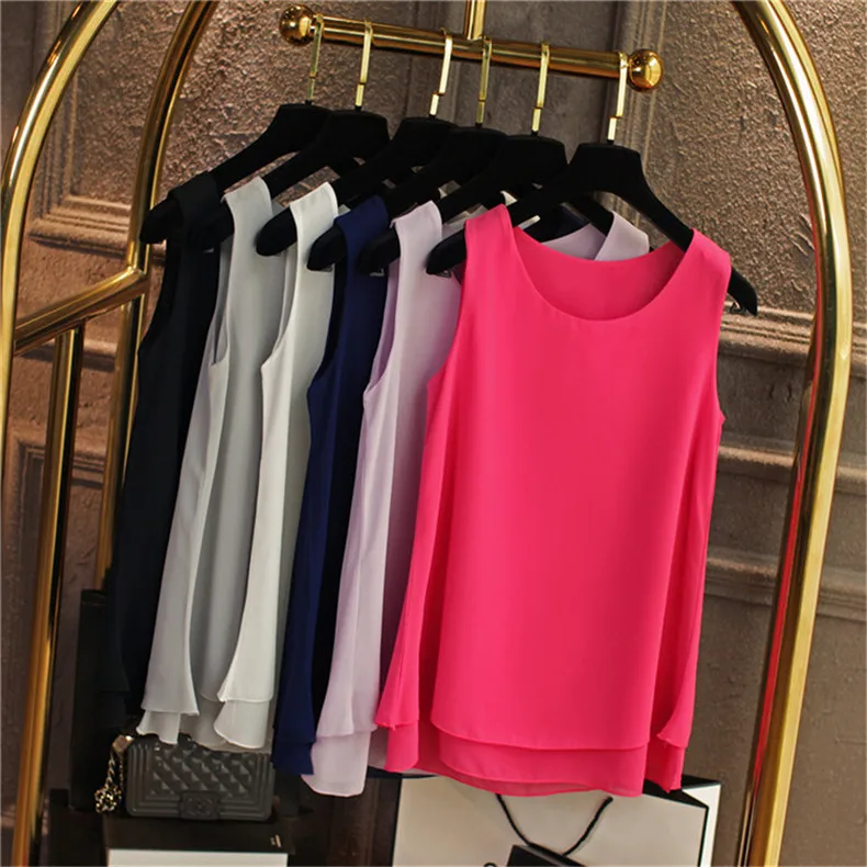 Women Tank Top White Blue Red Chiffon Summer O Neck Sleeveless Tops Vest Shirts Female Office Work Tops Fashion Clothing