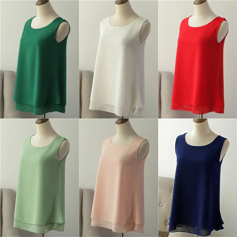 Women Tank Top White Blue Red Chiffon Summer O Neck Sleeveless Tops Vest Shirts Female Office Work Tops Fashion Clothing