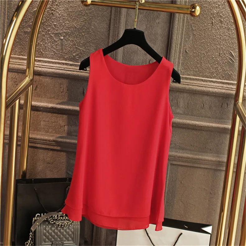 Women Tank Top White Blue Red Chiffon Summer O Neck Sleeveless Tops Vest Shirts Female Office Work Tops Fashion Clothing