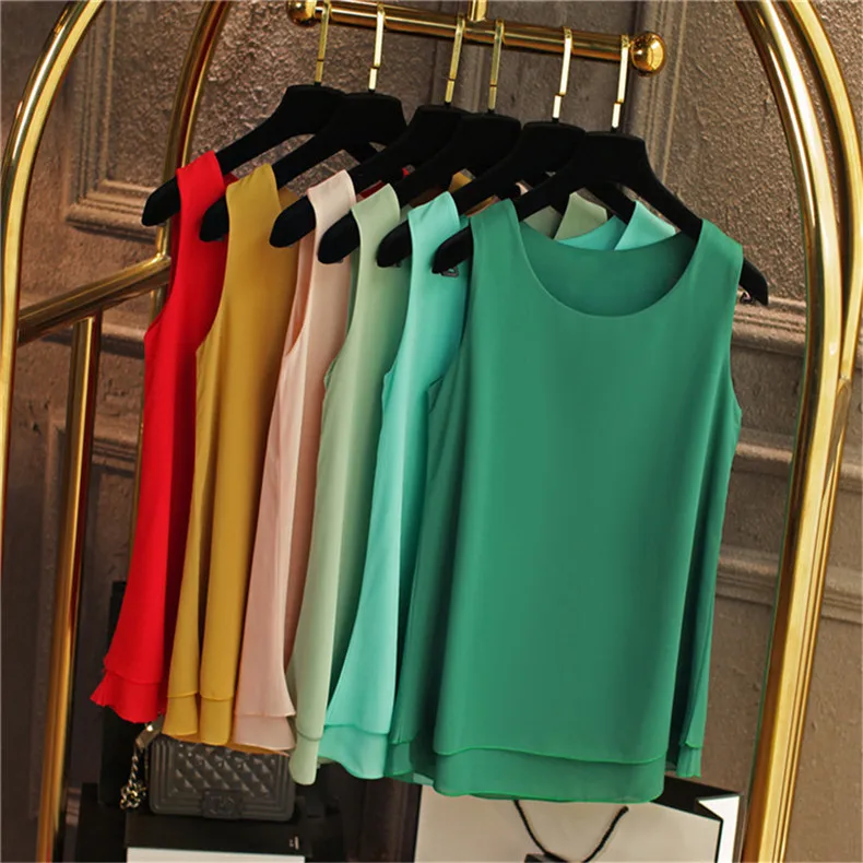 Women Tank Top White Blue Red Chiffon Summer O Neck Sleeveless Tops Vest Shirts Female Office Work Tops Fashion Clothing