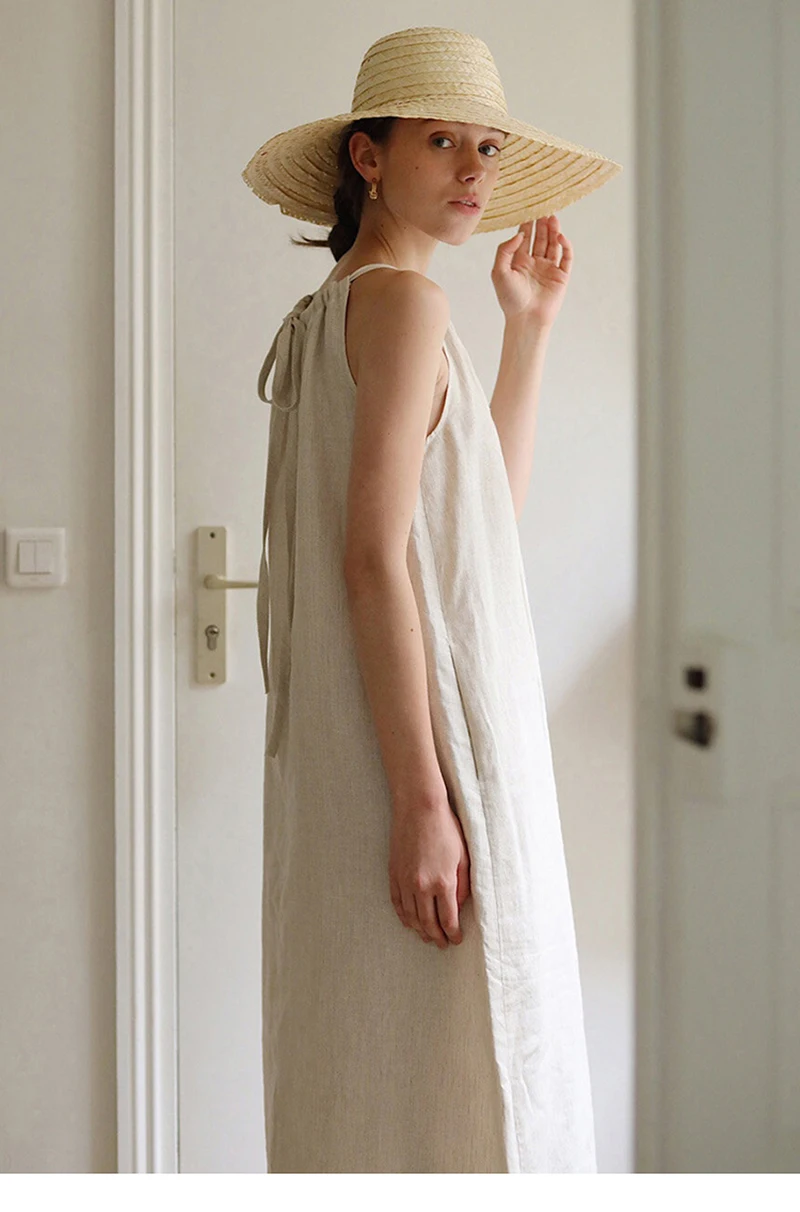 Vintage 100% Linen Women Dress Fashion Sexy Halter Sleeveless Back Bandage Long Maxi Lady Dresses Vestidos MZYBLB3236Y