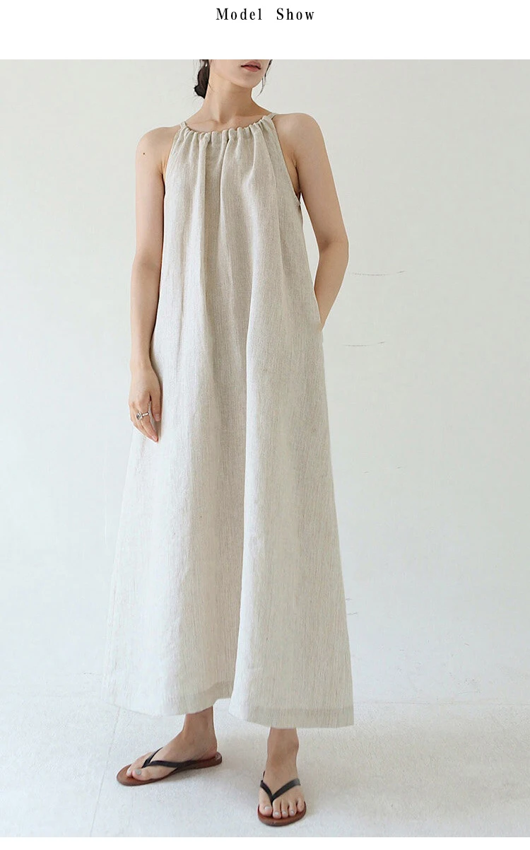 Vintage 100% Linen Women Dress Fashion Sexy Halter Sleeveless Back Bandage Long Maxi Lady Dresses Vestidos MZYBLB3236Y