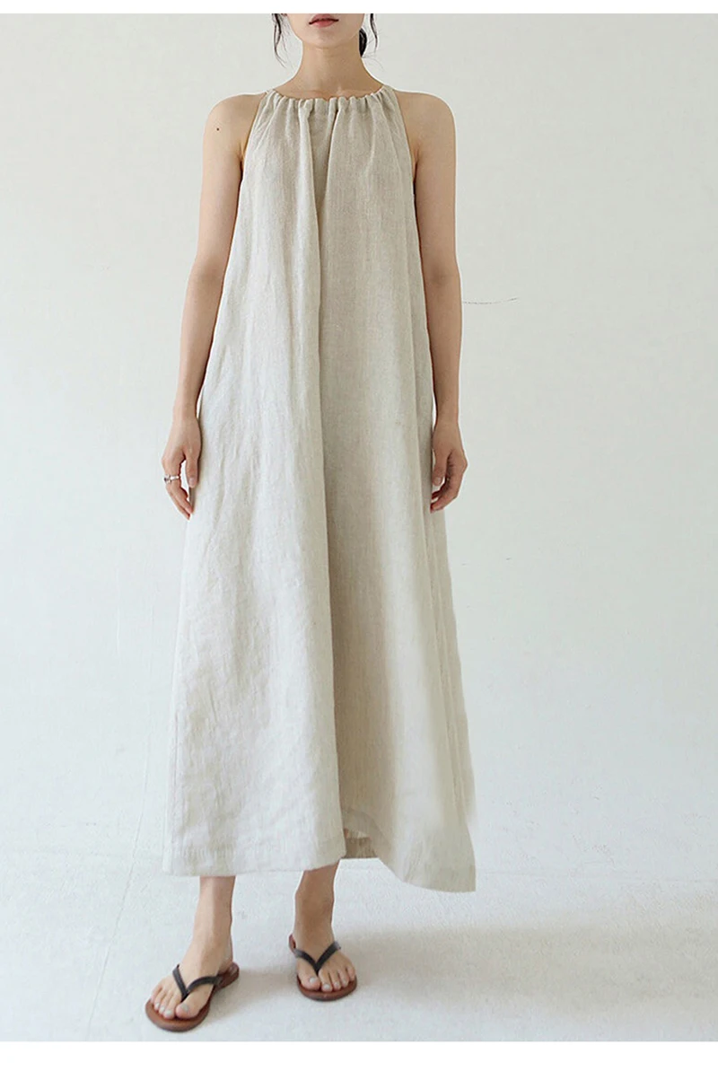 Vintage 100% Linen Women Dress Fashion Sexy Halter Sleeveless Back Bandage Long Maxi Lady Dresses Vestidos MZYBLB3236Y