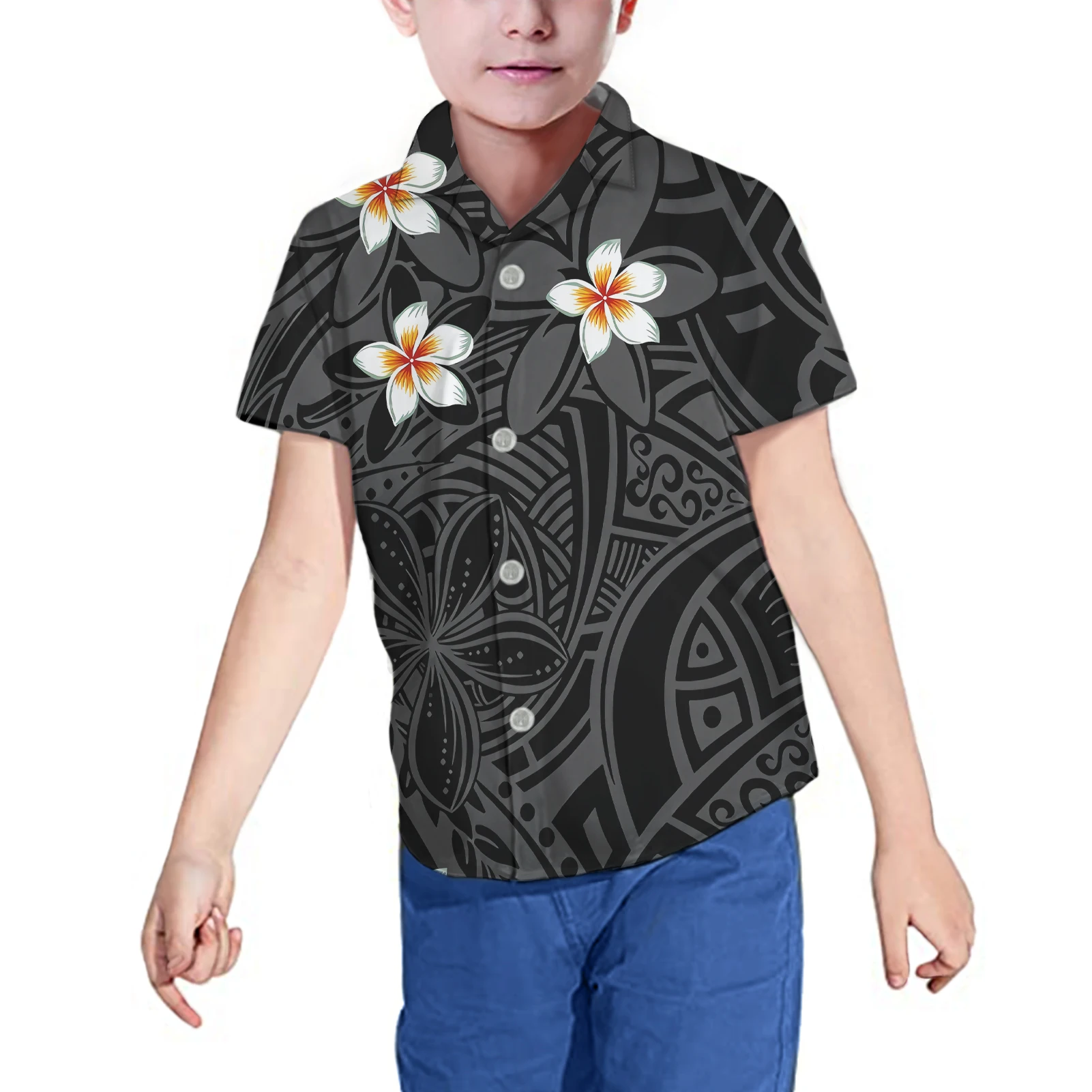 Women Dress Custom Hibiscus Polynesian Tribal tattoo Design Family Set Clothes Adult Children's Clothing 4-piece Sets