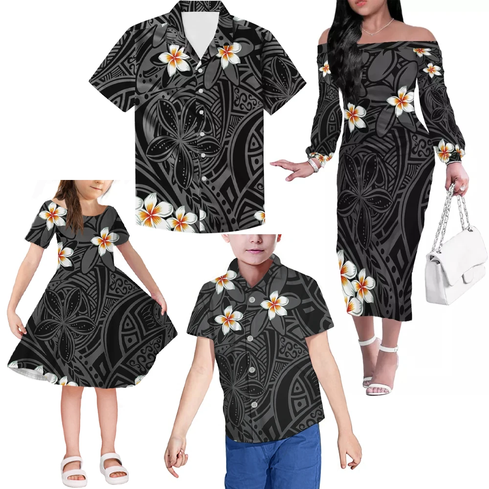 Women Dress Custom Hibiscus Polynesian Tribal tattoo Design Family Set Clothes Adult Children's Clothing 4-piece Sets