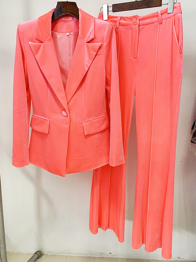HIGH STREET Newest FW 2026 Designer Runway Suit Set Women's Single Button Velvet Lapel Blazer Flare Pants Set