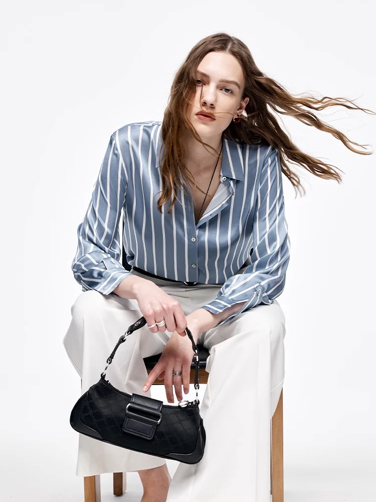 SuyaDream, Women Striped Shirts, 20.8mm 100%Silk, Turn Down Collar Printed Blouses, 2024 Spring Summer Office Lady Chic Top