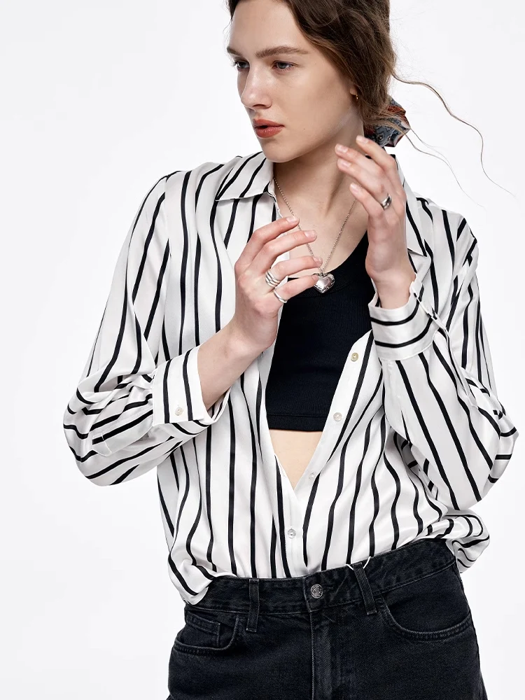 SuyaDream, Women Striped Shirts, 20.8mm 100%Silk, Turn Down Collar Printed Blouses, 2024 Spring Summer Office Lady Chic Top