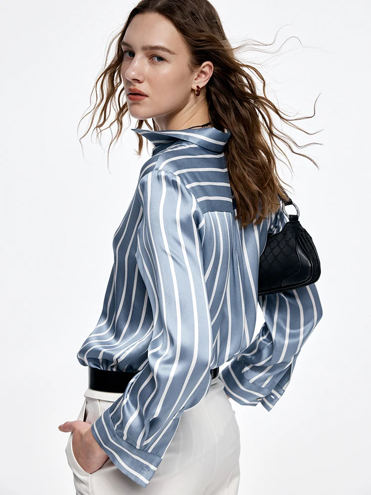 SuyaDream, Women Striped Shirts, 20.8mm 100%Silk, Turn Down Collar Printed Blouses, 2024 Spring Summer Office Lady Chic Top
