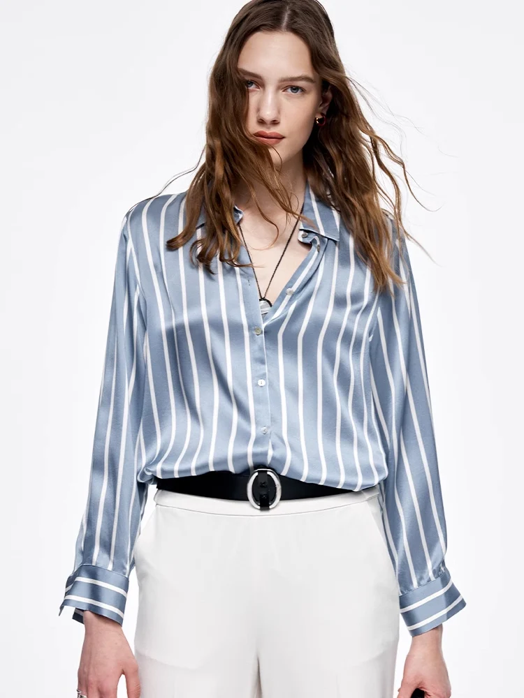 SuyaDream, Women Striped Shirts, 20.8mm 100%Silk, Turn Down Collar Printed Blouses, 2024 Spring Summer Office Lady Chic Top