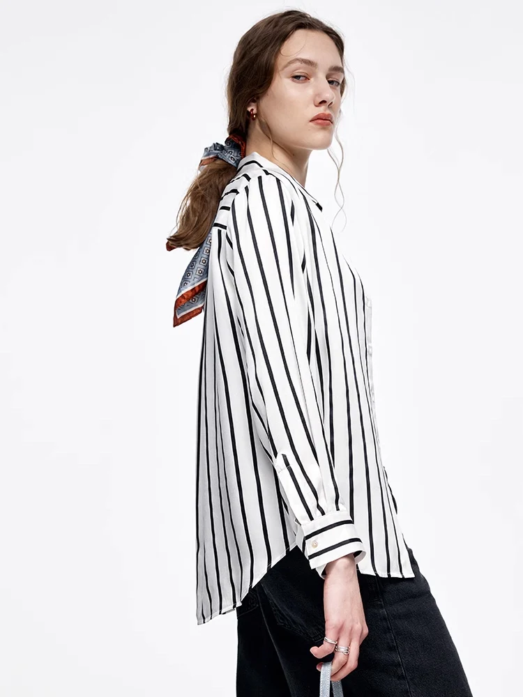 SuyaDream, Women Striped Shirts, 20.8mm 100%Silk, Turn Down Collar Printed Blouses, 2024 Spring Summer Office Lady Chic Top