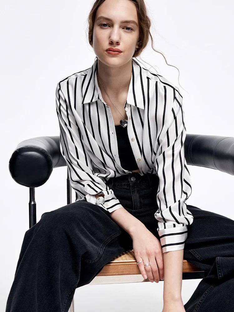 SuyaDream, Women Striped Shirts, 20.8mm 100%Silk, Turn Down Collar Printed Blouses, 2024 Spring Summer Office Lady Chic Top