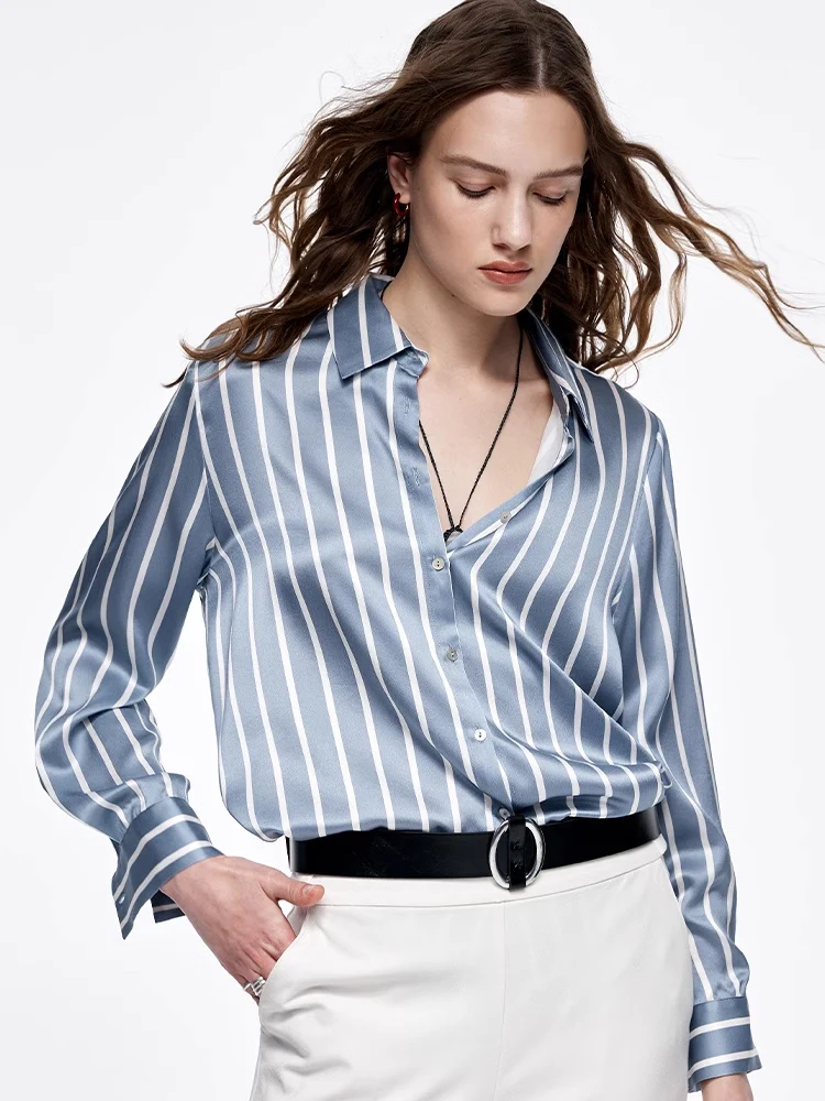 SuyaDream, Women Striped Shirts, 20.8mm 100%Silk, Turn Down Collar Printed Blouses, 2024 Spring Summer Office Lady Chic Top