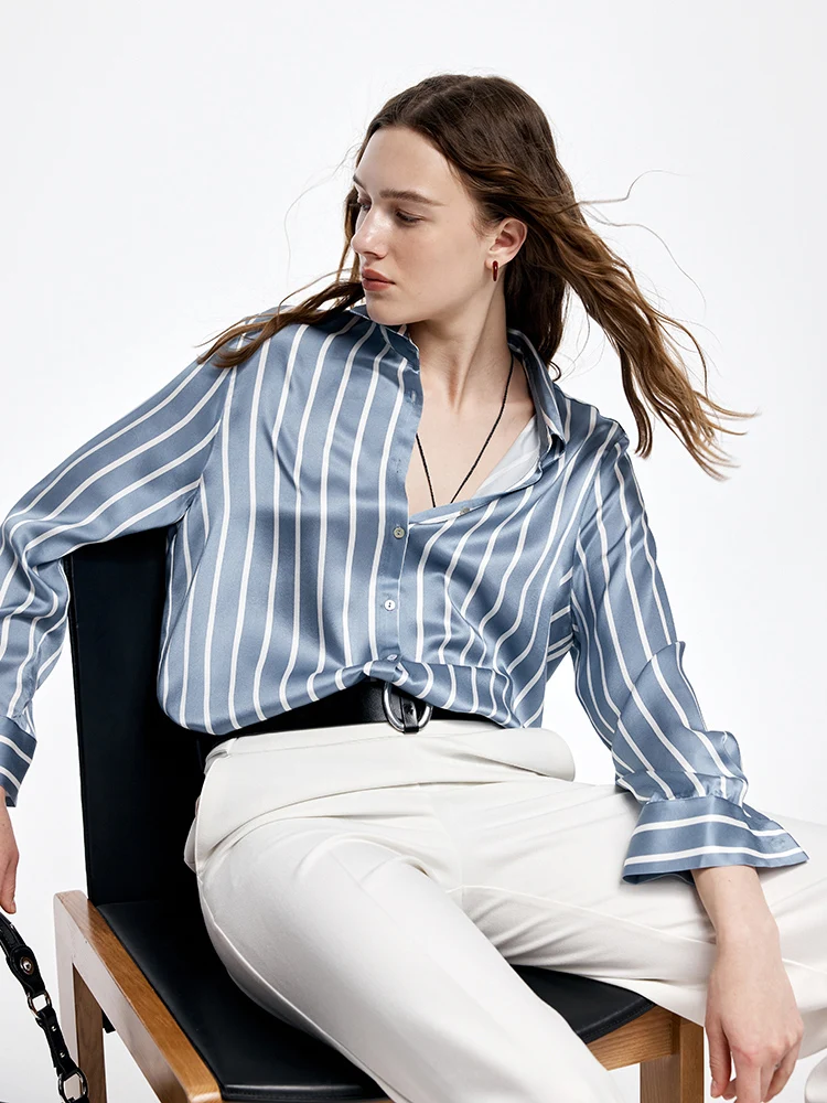SuyaDream, Women Striped Shirts, 20.8mm 100%Silk, Turn Down Collar Printed Blouses, 2024 Spring Summer Office Lady Chic Top