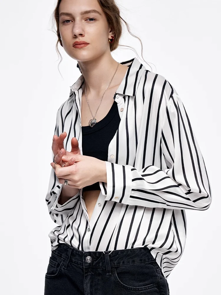 SuyaDream, Women Striped Shirts, 20.8mm 100%Silk, Turn Down Collar Printed Blouses, 2024 Spring Summer Office Lady Chic Top