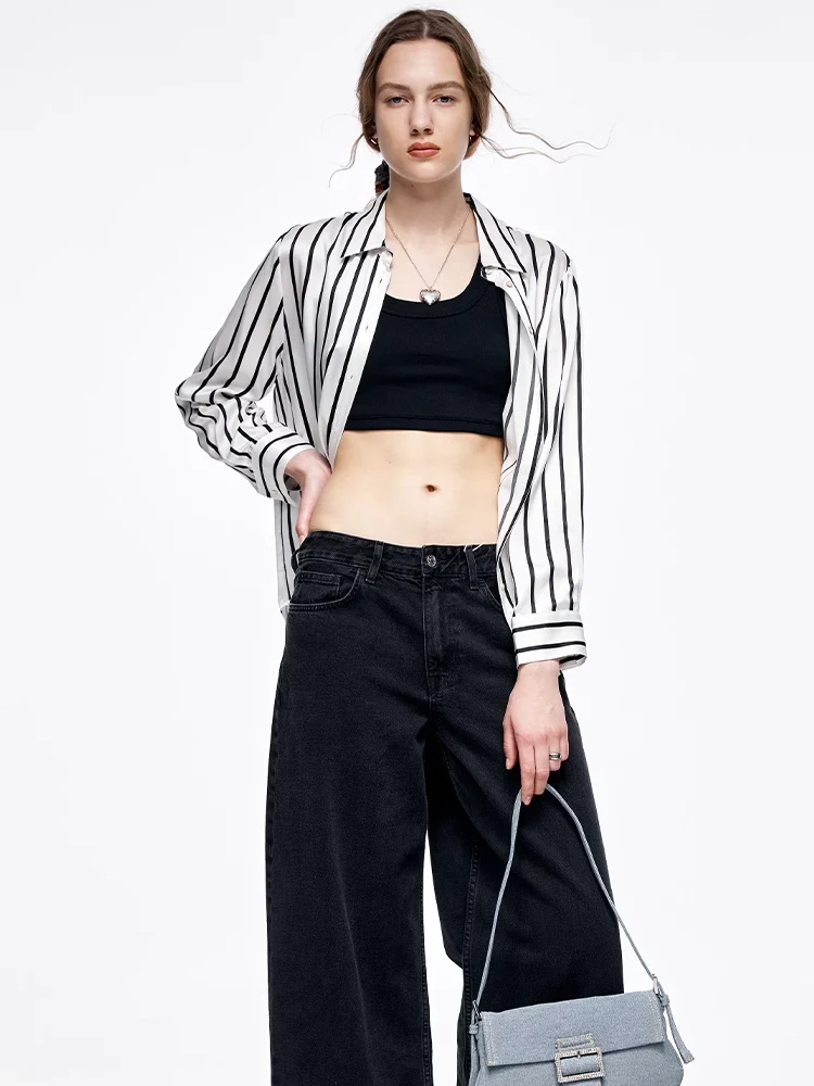 SuyaDream, Women Striped Shirts, 20.8mm 100%Silk, Turn Down Collar Printed Blouses, 2024 Spring Summer Office Lady Chic Top