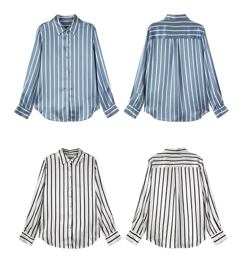 SuyaDream, Women Striped Shirts, 20.8mm 100%Silk, Turn Down Collar Printed Blouses, 2024 Spring Summer Office Lady Chic Top