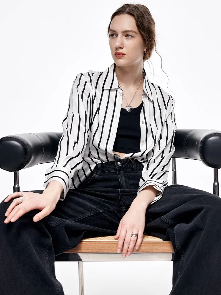 SuyaDream, Women Striped Shirts, 20.8mm 100%Silk, Turn Down Collar Printed Blouses, 2024 Spring Summer Office Lady Chic Top