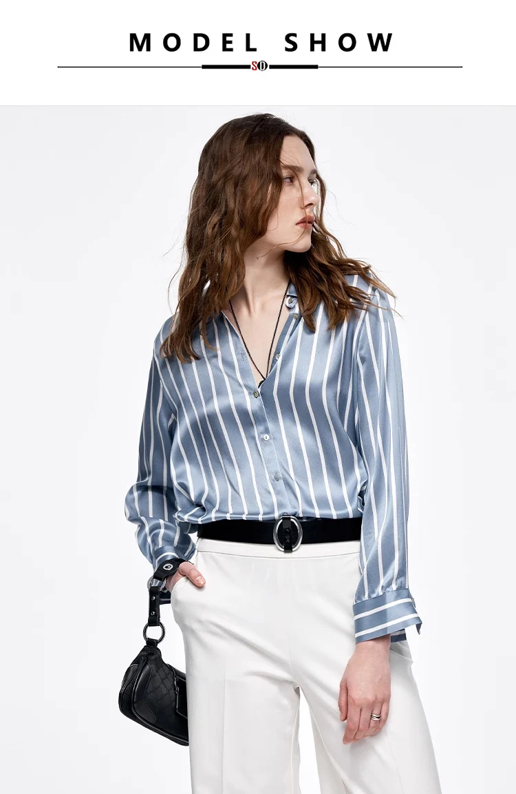 SuyaDream, Women Striped Shirts, 20.8mm 100%Silk, Turn Down Collar Printed Blouses, 2024 Spring Summer Office Lady Chic Top