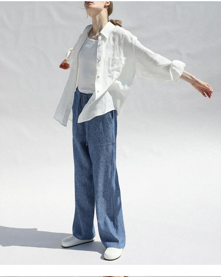 Casual 100% Linen Women Shirt Oversized Turn Down Collar Long Sleeve Elegant And Vintage Women'S Blouses Blusa Feminina
