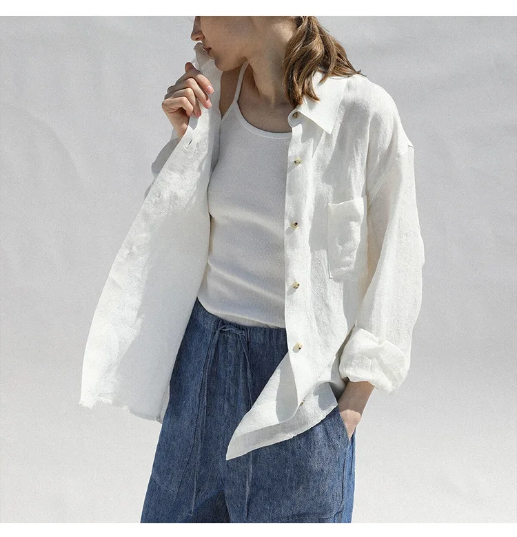 Casual 100% Linen Women Shirt Oversized Turn Down Collar Long Sleeve Elegant And Vintage Women'S Blouses Blusa Feminina