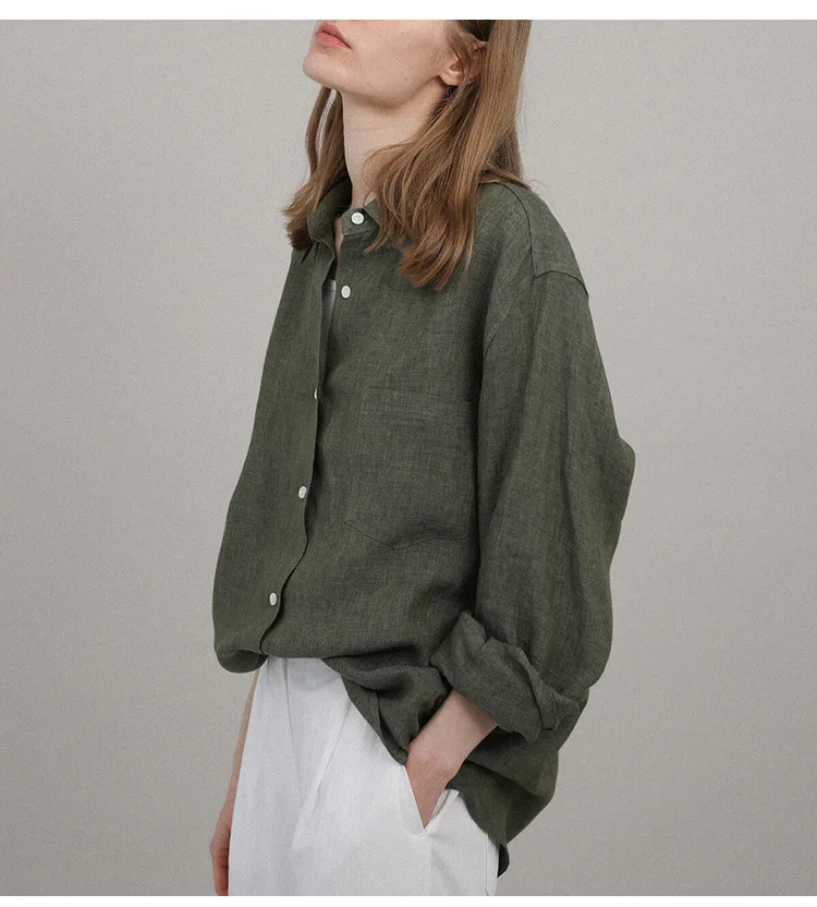 Casual 100% Linen Women Shirt Oversized Turn Down Collar Long Sleeve Elegant And Vintage Women'S Blouses Blusa Feminina