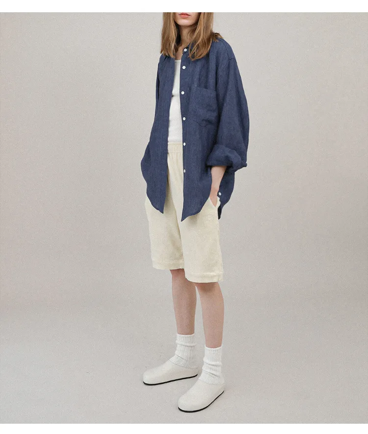 Casual 100% Linen Women Shirt Oversized Turn Down Collar Long Sleeve Elegant And Vintage Women'S Blouses Blusa Feminina