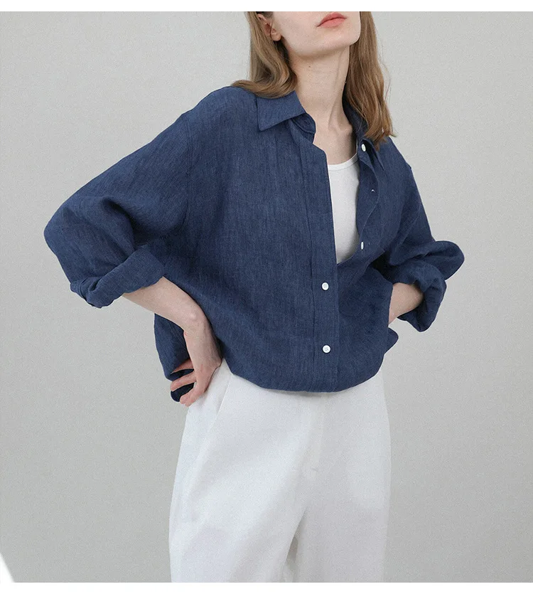 Casual 100% Linen Women Shirt Oversized Turn Down Collar Long Sleeve Elegant And Vintage Women'S Blouses Blusa Feminina