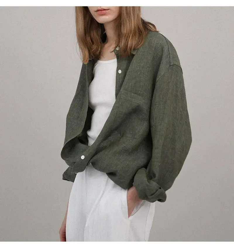 Casual 100% Linen Women Shirt Oversized Turn Down Collar Long Sleeve Elegant And Vintage Women'S Blouses Blusa Feminina