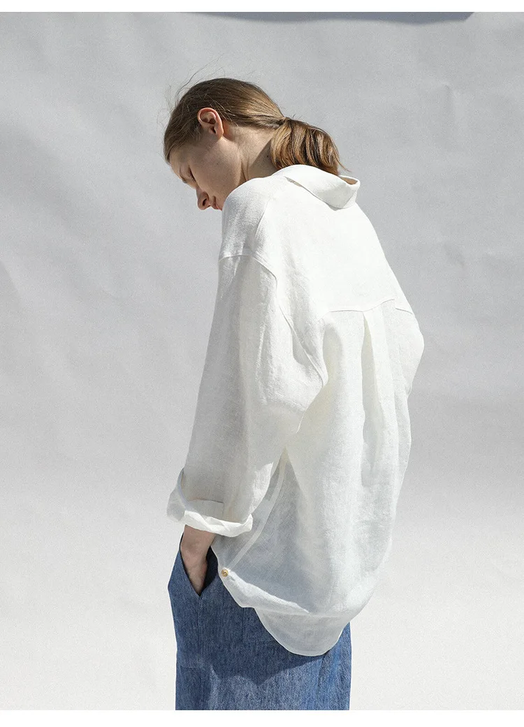 Casual 100% Linen Women Shirt Oversized Turn Down Collar Long Sleeve Elegant And Vintage Women'S Blouses Blusa Feminina
