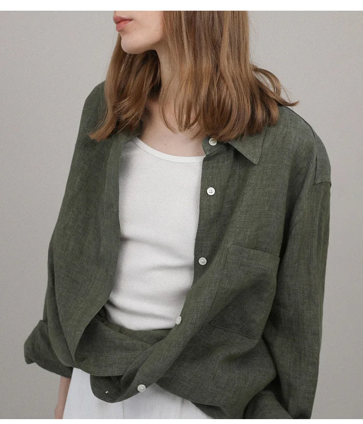 Casual 100% Linen Women Shirt Oversized Turn Down Collar Long Sleeve Elegant And Vintage Women'S Blouses Blusa Feminina