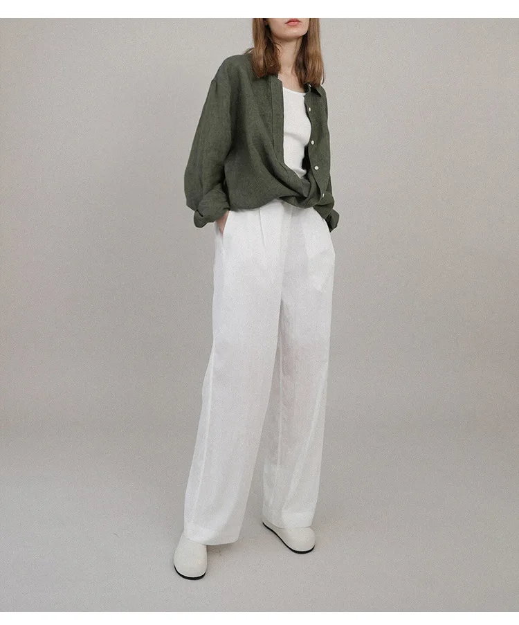 Casual 100% Linen Women Shirt Oversized Turn Down Collar Long Sleeve Elegant And Vintage Women'S Blouses Blusa Feminina