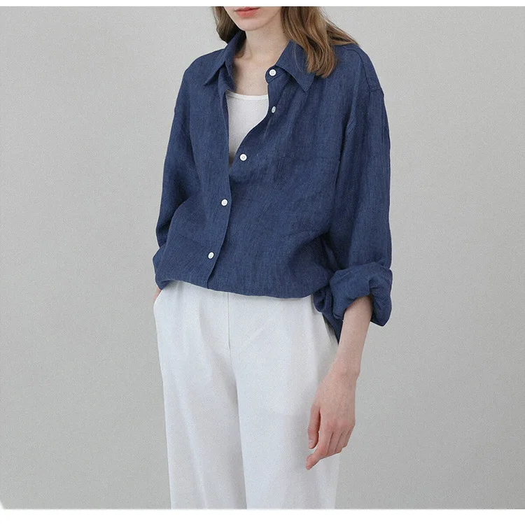 Casual 100% Linen Women Shirt Oversized Turn Down Collar Long Sleeve Elegant And Vintage Women'S Blouses Blusa Feminina