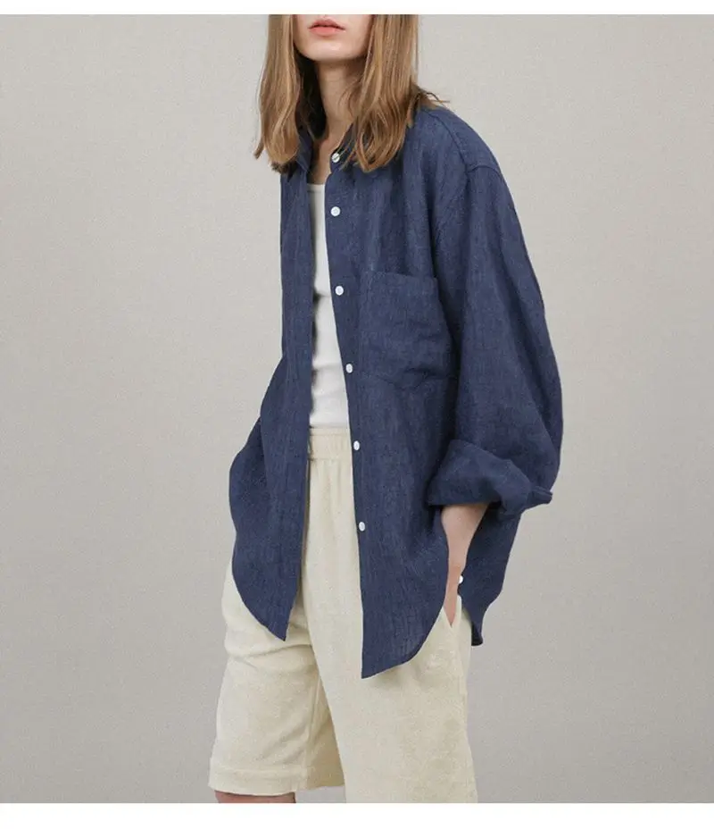 Casual 100% Linen Women Shirt Oversized Turn Down Collar Long Sleeve Elegant And Vintage Women'S Blouses Blusa Feminina