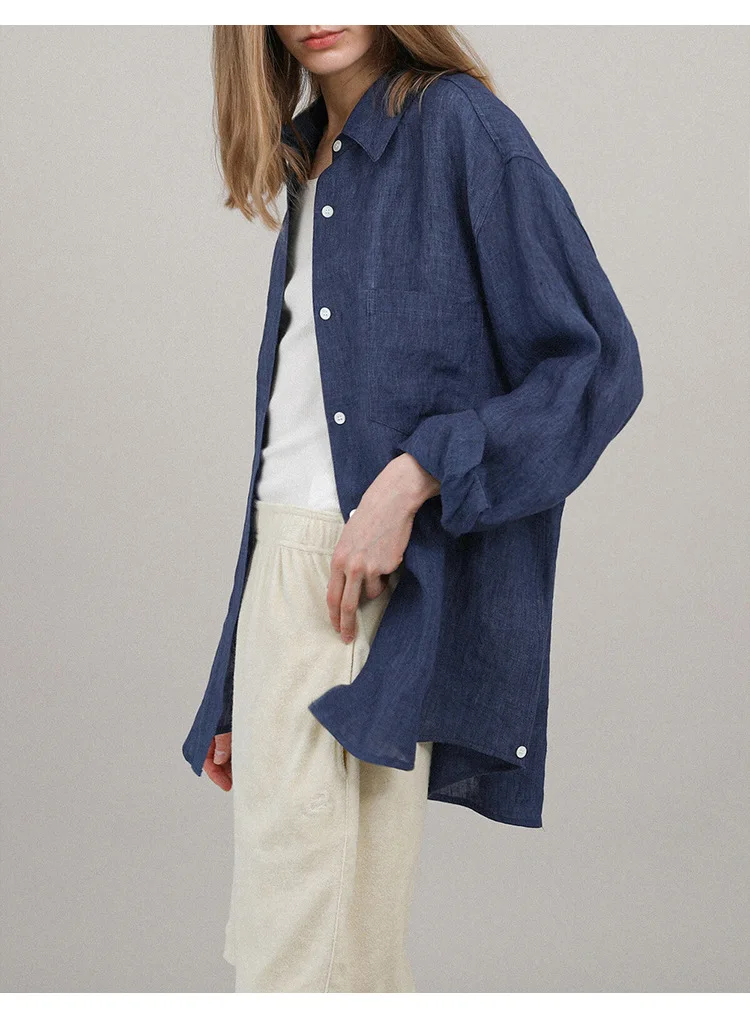 Casual 100% Linen Women Shirt Oversized Turn Down Collar Long Sleeve Elegant And Vintage Women'S Blouses Blusa Feminina