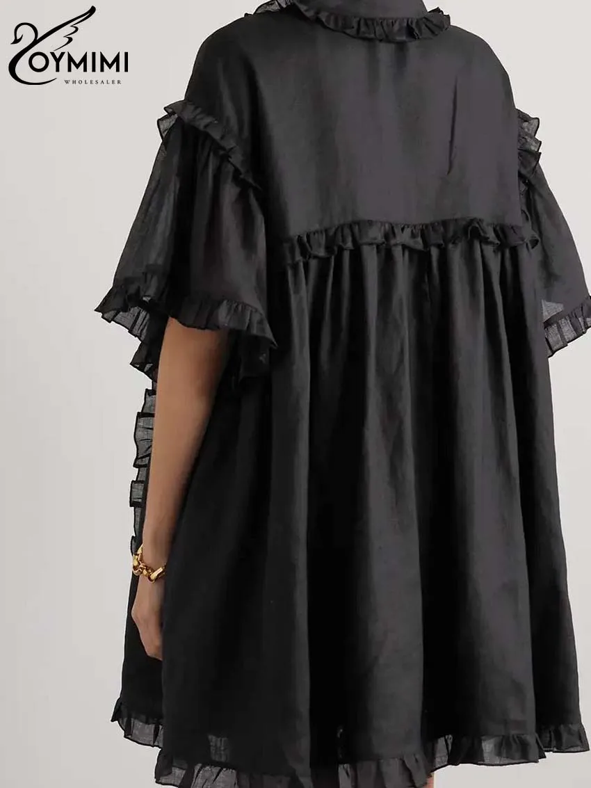Oymimi Fashion Black Cotton Women's Dress Elegant Ruffled Short Sleeve Loose Dresses Casual New Straight Mini Dresses Streetwear