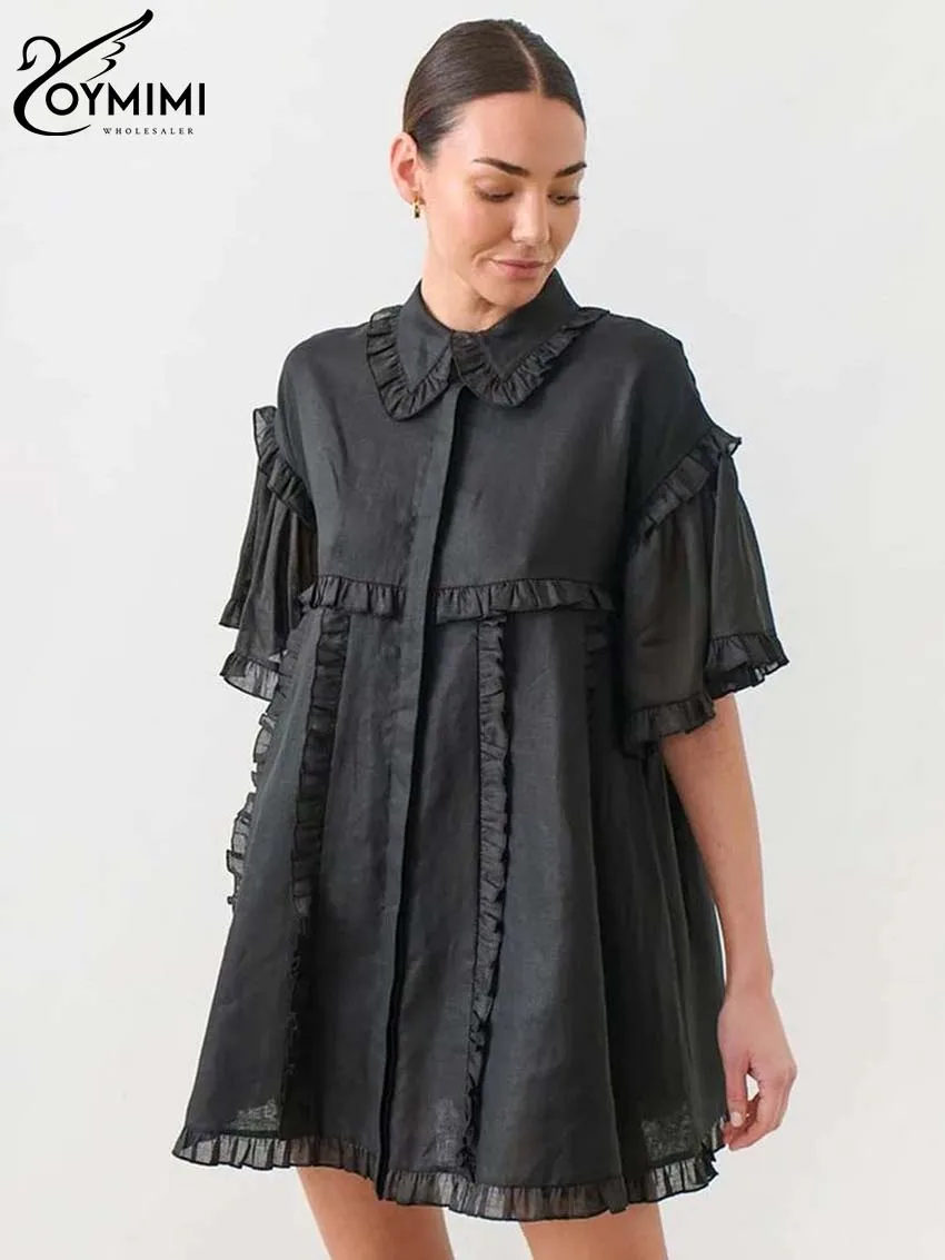 Oymimi Fashion Black Cotton Women's Dress Elegant Ruffled Short Sleeve Loose Dresses Casual New Straight Mini Dresses Streetwear
