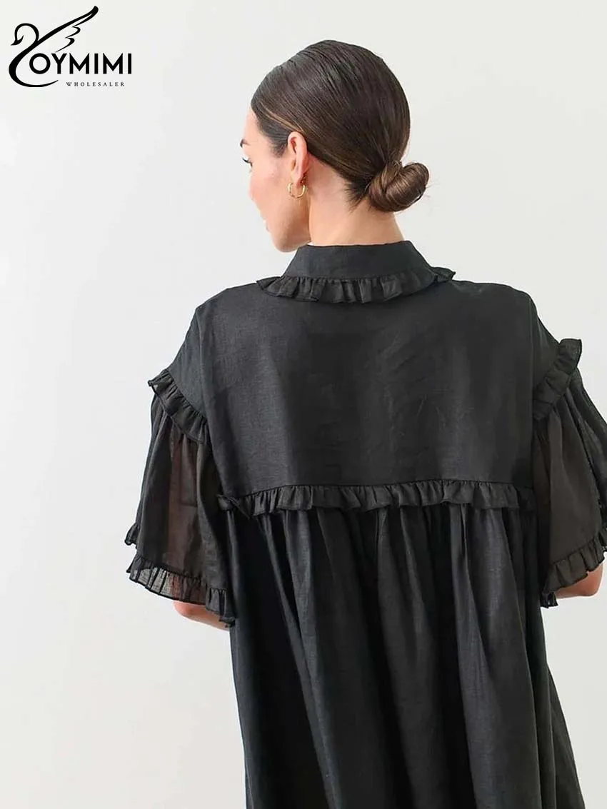 Oymimi Fashion Black Cotton Women's Dress Elegant Ruffled Short Sleeve Loose Dresses Casual New Straight Mini Dresses Streetwear