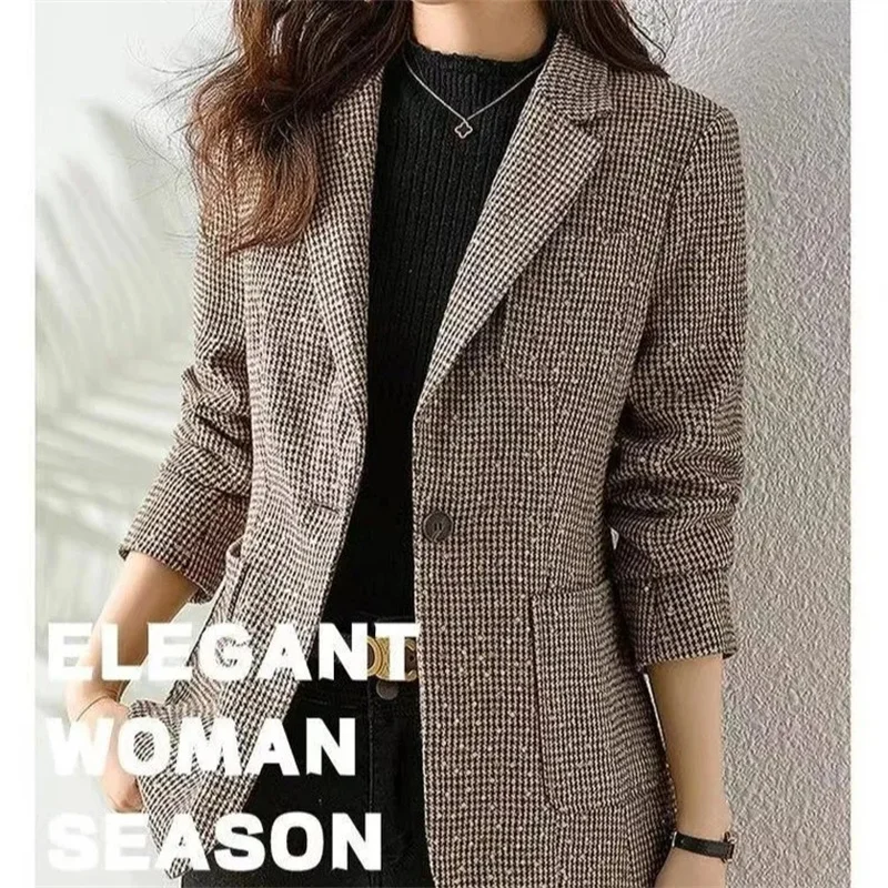2023 Women's Fashion Korean Edition Suit Sequin Thousand Bird Checker Suit Autumn Winter Casual Foreign Style Coat Goddess Style
